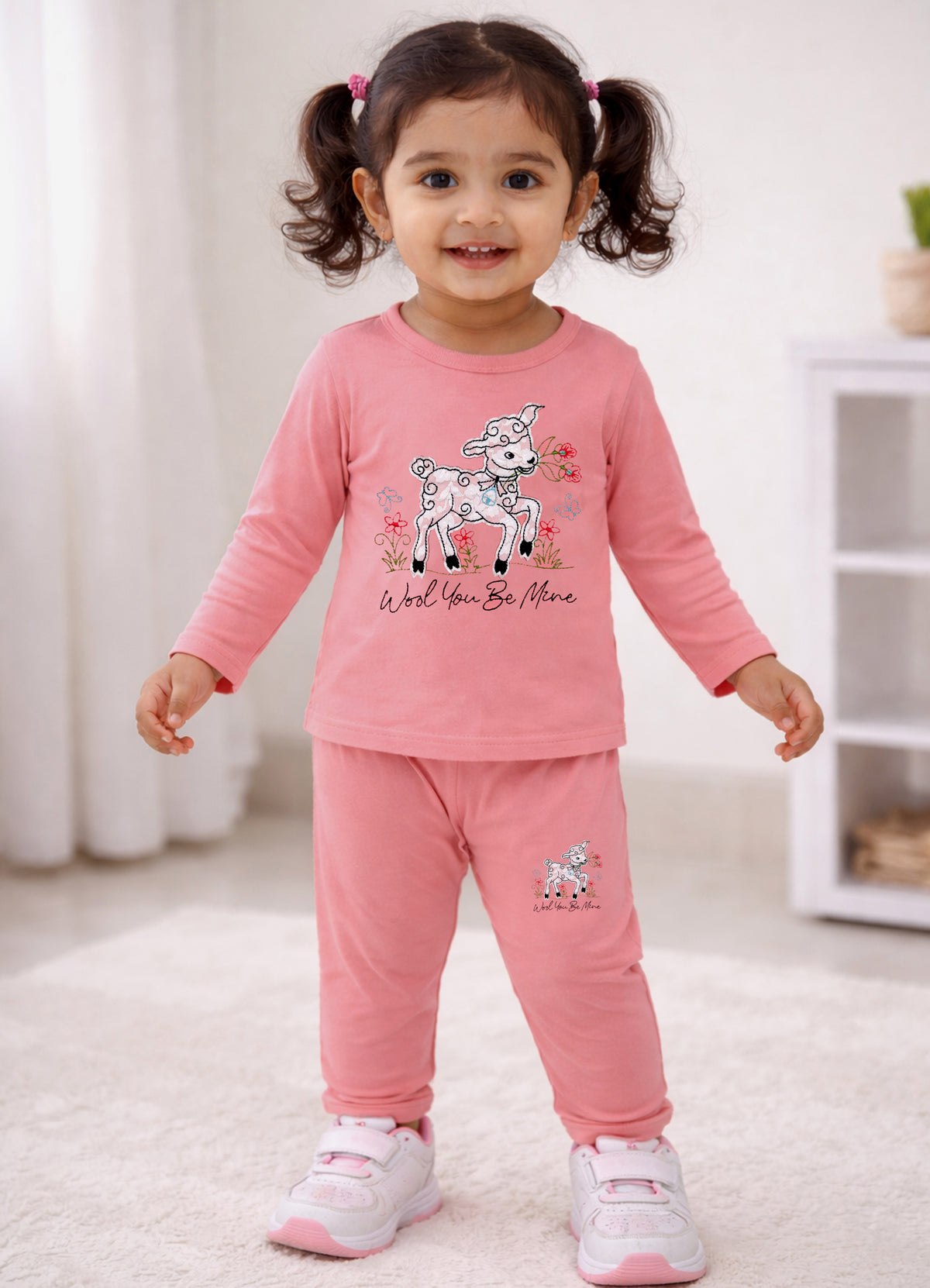YB - 2501 - Peach - Cotton terry 220-230 gsm Biowash Fabric with Deer embroidery work