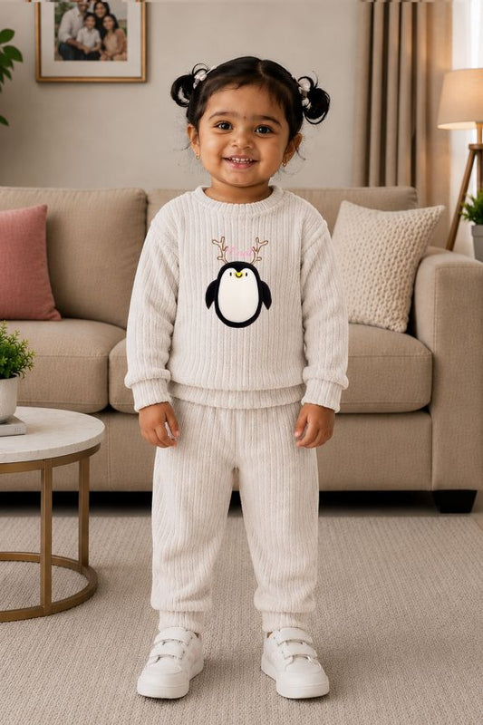 544 - Grey - 🐧 Infant Gray Penguin Embroidered Cozy Set| 320 - 340 GSM Imported Soft Fabric