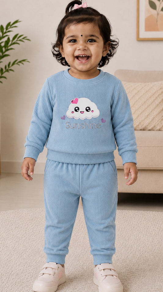 545 - Sky - Infant Sweet Cloud Dreams – Embroidered Ribbed Cord Set| 320 - 340 GSM Imported Soft Fabric