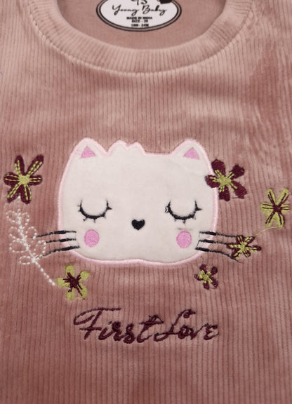 546 - Onion - Infant Kitty Embroidered Co-Ord Set cord set | 320 - 340 GSM  Imported Soft Fabric