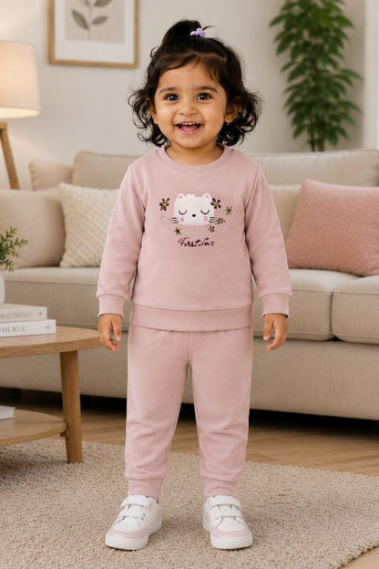 546 - Onion - Infant Kitty Embroidered Co-Ord Set cord set | 320 - 340 GSM  Imported Soft Fabric