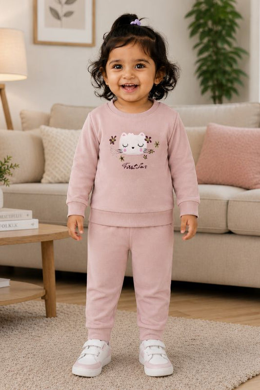 546 - Onion - Infant Kitty Embroidered Co-Ord Set cord set | 320 - 340 GSM  Imported Soft Fabric