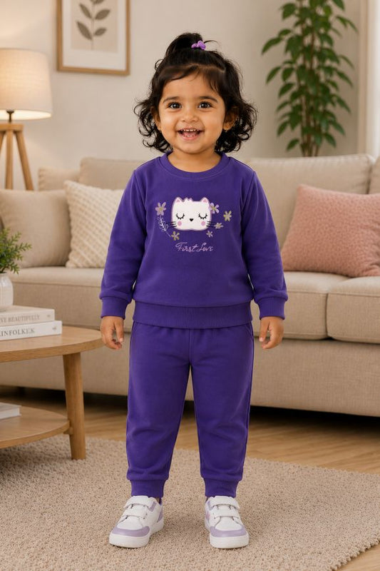 546 - Purple - Infant  Kitty Embroidered Co-Ord Set| 320 - 340 GSM  Imported Soft Fabric