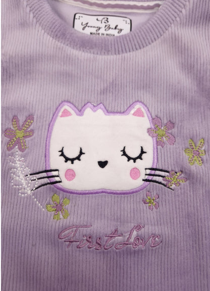 546 -  Lavender- Infant Kitty Embroidered  Co-Ord Set | 320 - 340 GSM  Imported Soft Fabric